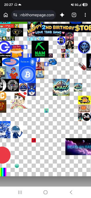 A screenshot from a mobile device showing a chaotic 'nbithomepage.com' website with various NFT and crypto-themed images arranged on a checkered background.
