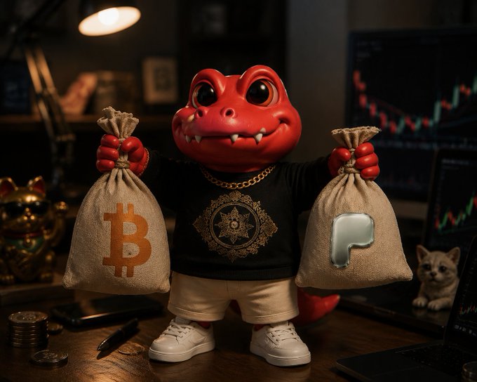 A red lizard-like figurine wearing a black shirt and gold chain, holding burlap sacks with Bitcoin and Procoin logos, with a cat and trading charts in the background.