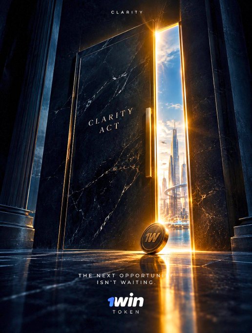 A dramatic promotional image showing an open dark marble door labeled 'CLARITY ACT' revealing a futuristic city, with a coin labeled '1W' on the floor and text reading 'THE NEXT OPPORTUNITY ISN'T WAITING.' and '1win TOKEN'.