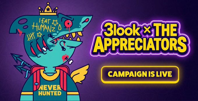 The image shows a graphic that represents the video game "3look x The Appreciators" with a large blue and purple cartoon shark holding up a sign reading "Campaign is live!". Below this, there is text that reads "Good morning everyone Can i get Gn I minted my ORIGINL on ApeChain through @Appreciators_IO Got it verified on @3look_io and the 2× campaign multiplier is now active officially locked into the leaderboard journey. What makes this campaign stand out is how much it leans". The shark represents the character from the game, while the text highlights its role in promoting the game's campaign.