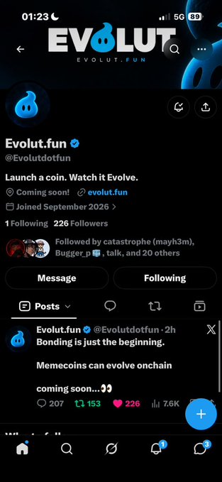 The image shows a Twitter/X profile for "Evolut.fun" (@Evolutdotfun), featuring a blue water droplet logo and announcing a meme coin launch with the tagline "Launch a coin. Watch it Evolve." The latest post reads "Bonding is just the beginning. Memecoins can evolve onchain" with 207 reposts, 153 replies, and 7.6K views, which appears to align with the accompanying contract address "BakyXRTtW2cdivHrqoENQhSfaMjGLRgDudV8QSBGcKNf" shared as part of a thank-you message.