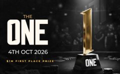 A promotional graphic featuring a golden trophy on a stage with the text 'THE ONE', '4TH OCT 2026', and 'S1M FIRST PLACE PRIZE'.