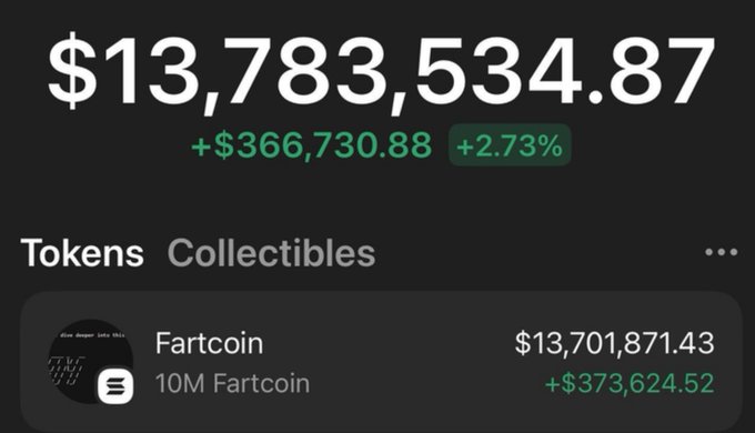 A crypto wallet screenshot showing a balance of $13,783,534.87, up +$366,730.88 (+2.73%), with 'Fartcoin' (10M Fartcoin) valued at $13,701,871.43 shown in Tokens.