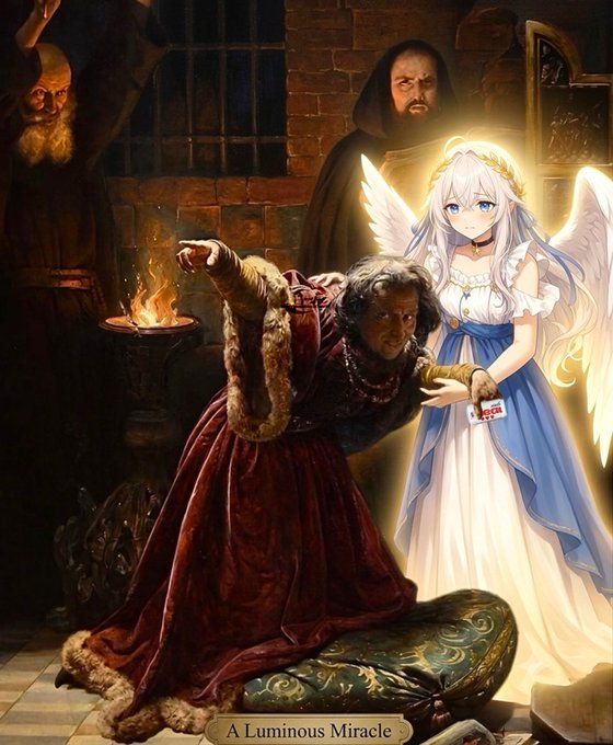 A digital art piece titled 'A Luminous Miracle' depicting an anime-style angel girl with white wings standing beside a robed, kneeling figure in a dark, candlelit room with onlookers.