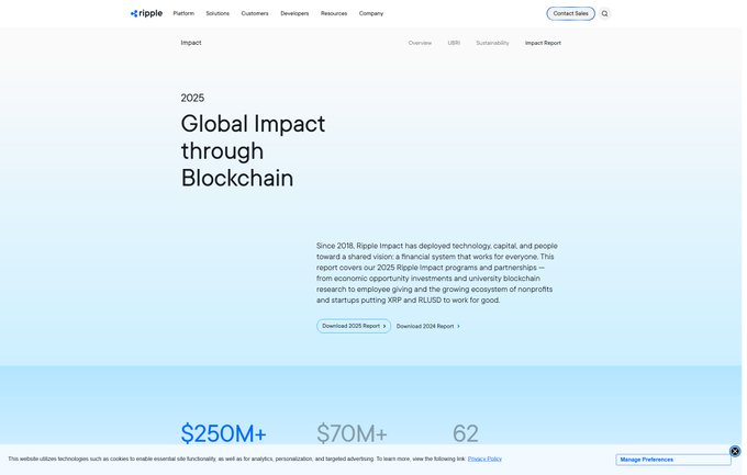 The image shows Ripple's "2025 Global Impact through Blockchain" webpage, which highlights Ripple Impact's philanthropic efforts since 2018, featuring key metrics of $250M+, $70M+, and 62 (likely representing deployed capital, grants, and partners), along with links to download the 2025 and 2024 Impact Reports. The page directly illustrates the post's point that Ripple Impact funds blockchain research and nonprofit initiatives, providing public-facing documentation of Ripple's broader ecosystem investments.