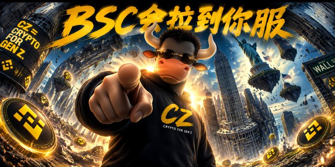 A stylized promotional graphic features a bull mascot wearing a black hoodie emblazoned with "CZ – Crypto for Gen Z," pointing forward amid floating Binance (BNB) coins, Wall Street signs, and cityscapes. Bold yellow Chinese text at the top reads "BSC 索拉到你的服" (BSC pulls up to your style), reinforcing the post's message that Binance Smart Chain is reaching Gen Z.