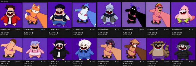 A grid of 16 NFT items labeled 'CT NORM #XXX' on a purple background, each featuring cartoon-style characters with various outfits and accessories.