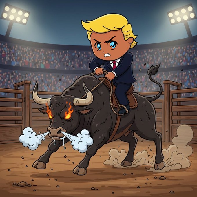 A cartoon chibi-style illustration of a blonde figure in a suit riding a fierce black bull with flaming eyes inside a rodeo arena with stadium lights.