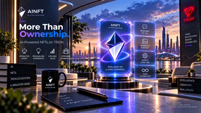 A promotional graphic for 'AINFT - AI FOR EVERYONE' advertising AI-Powered NFTs on TRON with the tagline 'More Than Ownership' and a futuristic digital display background.
