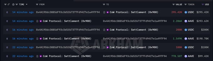A blockchain transaction history table showing recent 'CoW Protocol: Settlement (0x900)' transactions involving USDC and AAVE tokens, with the largest being approximately $295.42K worth of USDC sent 14 minutes ago.