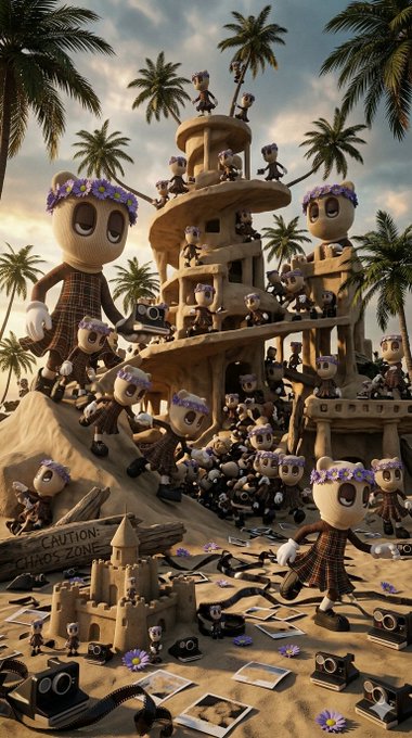 A surreal 3D digital artwork showing a chaotic beach scene with a sandcastle, palm trees, and numerous figures wearing purple flower crowns, with a 'CAUTION: CHAOS ZONE' sign.