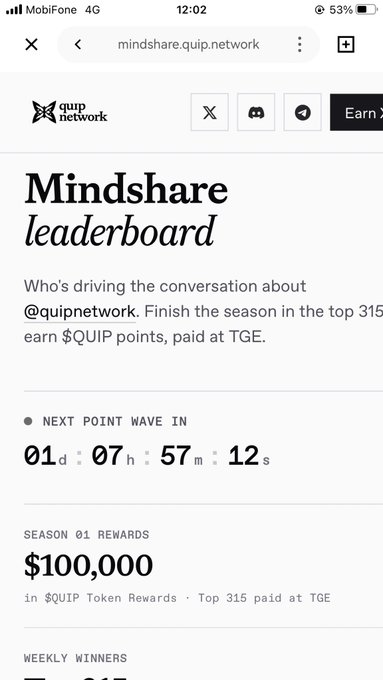 A mobile screenshot of a webpage for the 'QUIP network' showing a 'Mindshare leaderboard' with a countdown timer and 'SEASON 01 REWARDS' of '$100,000'.