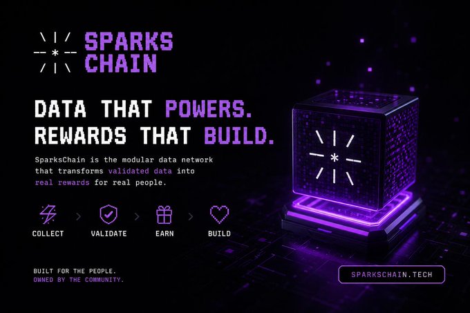 A promotional graphic for 'SPARKS CHAIN' with the tagline 'DATA THAT POWERS. REWARDS THAT BUILD.' and the description 'SparksChain is the modular data network that transforms validated data into real rewards for real people.' It shows four icons: COLLECT, VALIDATE, EARN, BUILD, alongside a glowing purple cube on a circuit board.