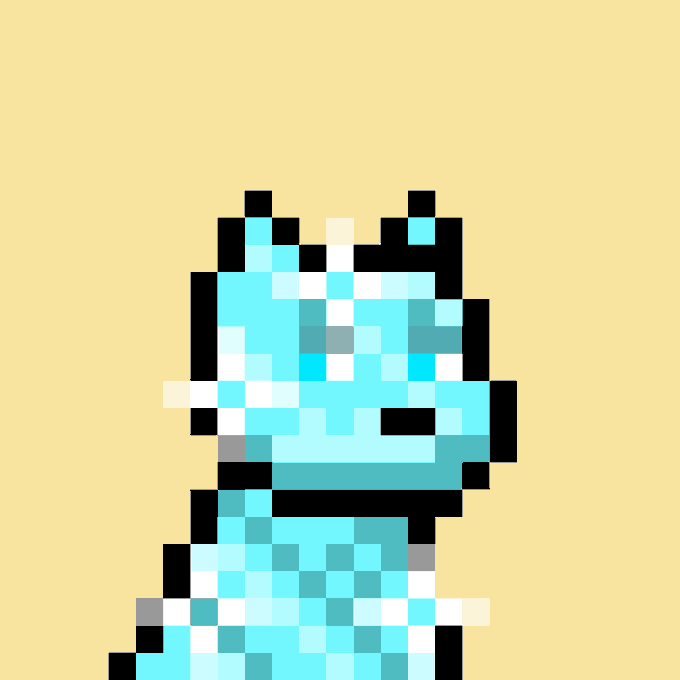 A pixel art rendering of a blue dragon character against a pale yellow background.