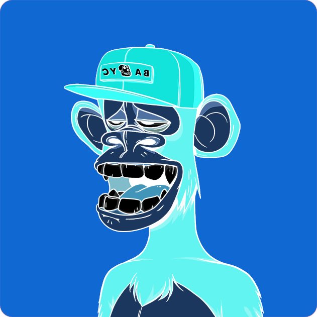 A stylized cartoon illustration of a blue monkey-like creature with an open, toothy grin wearing a teal baseball cap with 'CY AB' on it, set against a bright blue background.