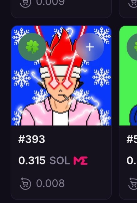 A digital NFT listing labeled '#393' featuring a pixel art character with glowing red eyes and electricity effects, priced at 0.315 SOL with a 0.008 cart icon.