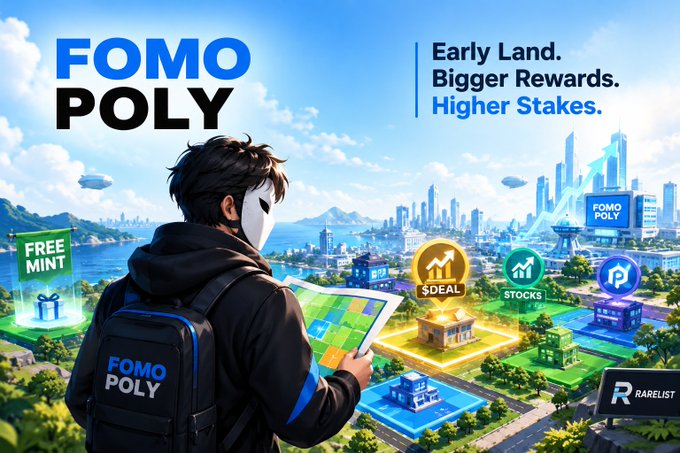Promotional artwork for “FOMO POLY” showing a masked figure overlooking a bright virtual city, with the slogan “Early Land. Bigger Rewards. Higher Stakes.” and “FREE MINT.”