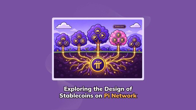 A digital illustration shows trees with coin icons on their branches, their roots converging into a central Pi Network token symbol, captioned "Exploring the Design of Stablecoins on Pi Network." The imagery visually reinforces the blog's message about Pi Network's intentional approach to stablecoins, depicting them as integrated support structures rooted in the Pi ecosystem.