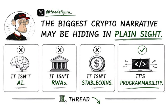 The image, posted by @thedefiguru_, argues that "The biggest crypto narrative may be hiding in plain sight" by ruling out other trends—displaying "X" marks over icons for AI (a brain), RWAs (a bank building), and stablecoins (a dollar coin)—while highlighting a checkmark over a code bracket icon labeled "IT'S PROGRAMMABILITY."