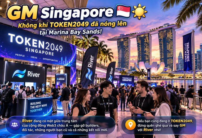 A promotional graphic titled 'GM Singapore' advertising the 'TOKEN2049 SINGAPORE' event at Marina Bay Sands, featuring the Marina Bay Sands hotel and people networking.
