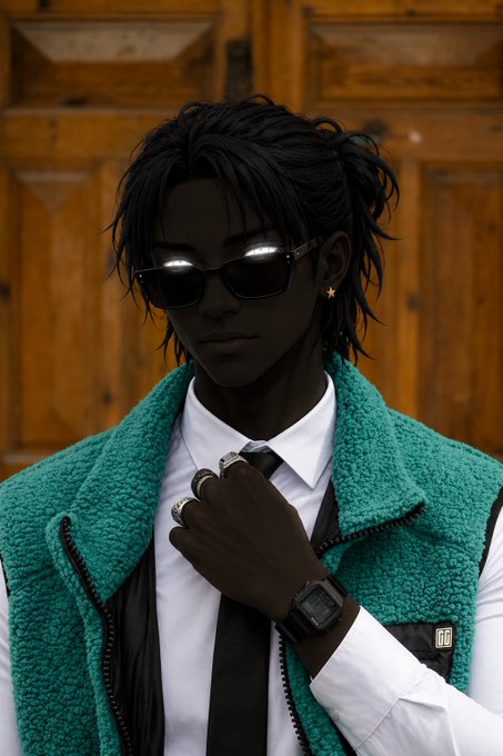 A stylish portrait of a dark-skinned person with messy black hair wearing black sunglasses with white reflective lenses, a white shirt, black tie, and a teal fleece vest, sporting a digital watch and star earring against a wooden door background.