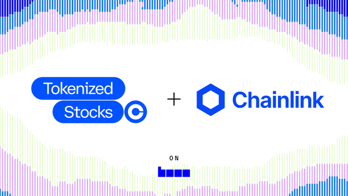 A promotional graphic with a blue and purple sound-wave style border showing the Tokenized Stocks logo combined with a plus sign and the Chainlink logo, with 'ON' displayed at the bottom.
