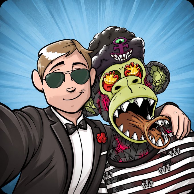 A cartoon-style illustration of a man in a tuxedo and sunglasses taking a selfie with a monstrous green creature wearing a captain's hat, set against a blue starburst background.