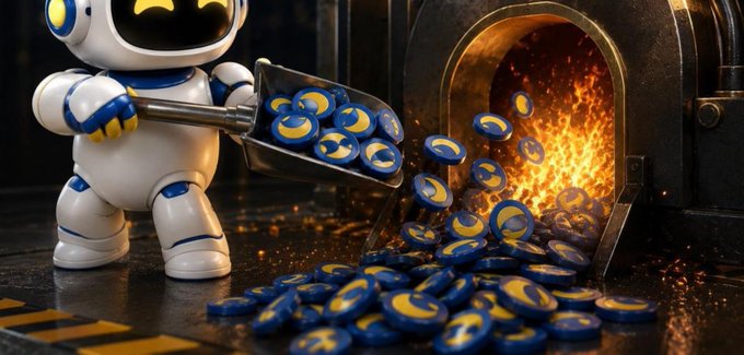 The image features a white robot pushing a shovel full of blue and yellow coins (resembling Terra Luna Classic tokens) into a fiery furnace, visually symbolizing the burning of LUNC tokens referenced in the post. It illustrates the "Total burn count: 455 billion LUNC destroyed," highlighting the destruction of a portion of the 5.54 trillion still in circulation.