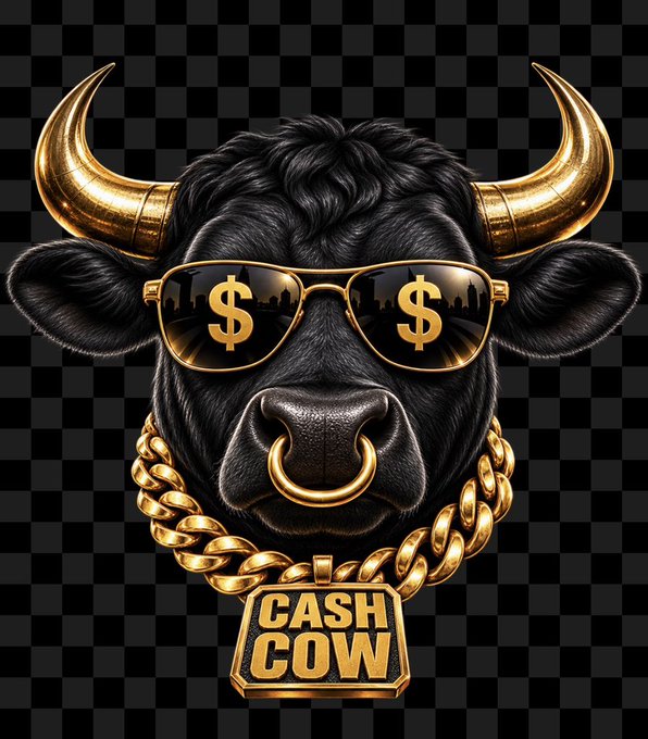 A stylized digital illustration of a black bull with golden horns, wearing gold aviator sunglasses with dollar sign lenses, a nose ring, and a chain necklace with a 'CASH COW' pendant.