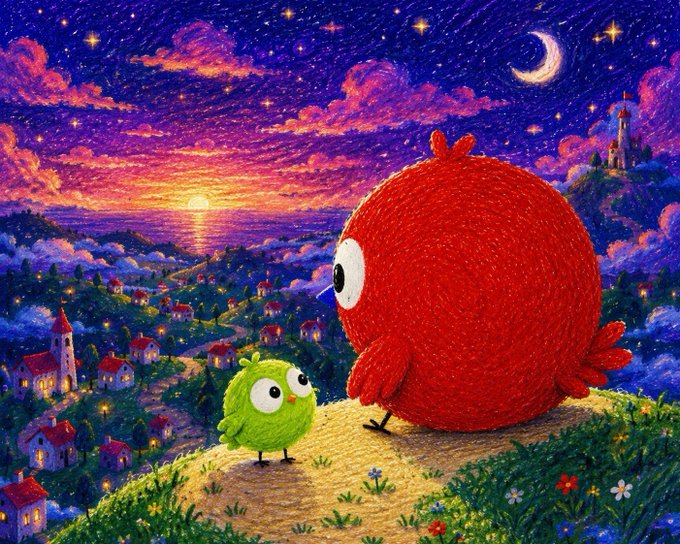 Whimsical painted illustration of a large red round bird and a small green bird standing on a cliff overlooking a village at sunset under a starry sky.