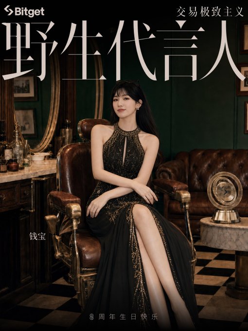 An advertisement for Bitget featuring '野生代言人 钱宝' with a woman in a black and gold gown seated on a leather chair in a vintage-styled room, with text '交易极致主义' and '周年生日快乐'.
