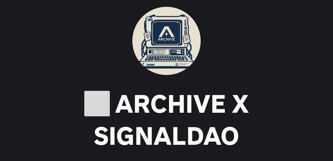 A graphic featuring an illustration of a retro computer terminal at the top, with the text 'ARCHIVE X SIGNALDAO' displayed in large white letters on a black background.