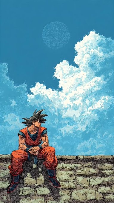The image features a man sitting on top of a wall, looking out at the sky with clouds. The man appears to be wearing an orange suit or costume, which adds a unique touch to the scene. The background shows a blue sky filled with white clouds, creating a visually appealing contrast between the man's bright attire and the vast expanse of the sky. The image also includes text that reads "GM Saiyans !!! Regarder le ciel ne résout pas les problèmes, mais rappelle à quel point ils sont temporaires." This phrase is likely a reference to the character G-Man from the Dragon Ball Z anime series. The image seems to be related to the post about Bitcoin dominance and fear & greed index, as it features an illustration of a man in an orange suit or costume sitting on top of a wall with a blue sky background.
