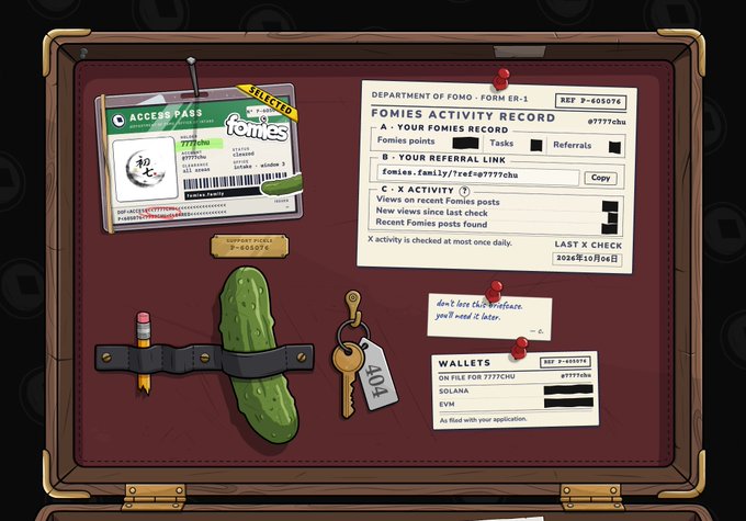The image shows a "Department of Fomo" briefcase displaying a Fomies activity record (#87777chw), an access pass, a pickle secured with a leather strap, a key tagged "304," and wallets for Solana and EVM—directly referencing the tweet's playful mention of an official Fomo briefcase and the mysterious pickle.