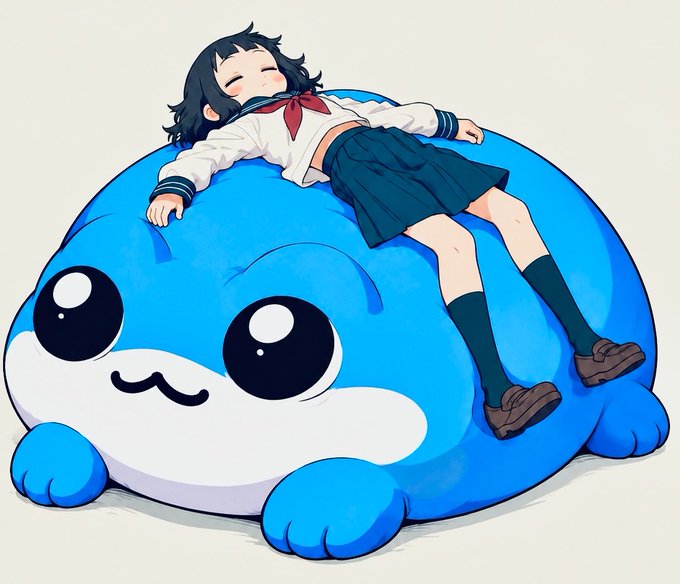 An anime-style illustration of a girl in a school uniform (white shirt, red bow, dark skirt) peacefully sleeping on top of a large blue seal-like creature with big eyes.