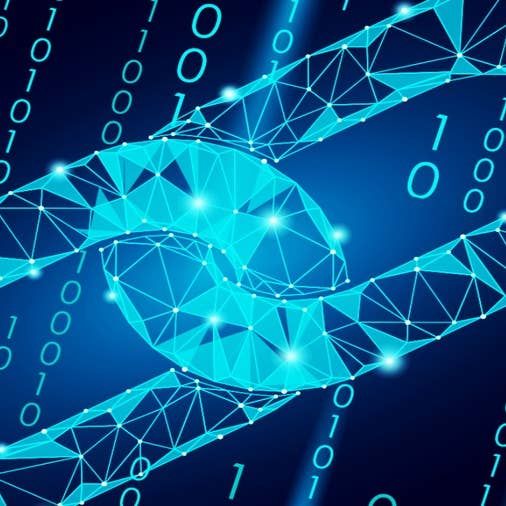 A glowing blue chain made of interconnected nodes forms a blockchain link against a backdrop of falling binary code (1s and 0s), symbolizing Zano's privacy-focused blockchain technology as it prepares for its hard fork to enable DeFi integration.