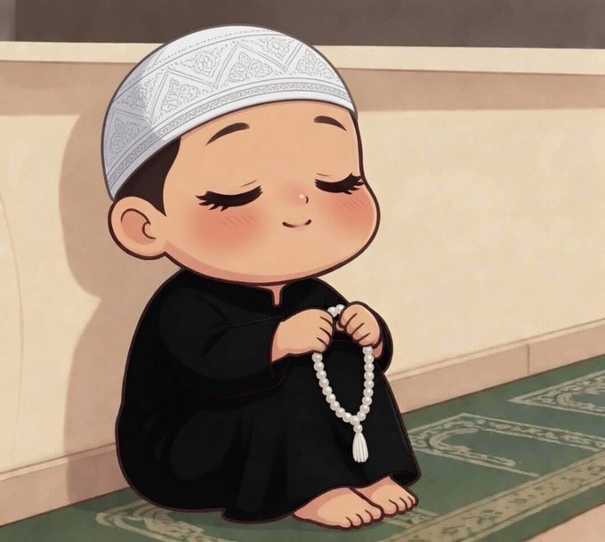 A cute cartoon illustration depicts a young child wearing a white prayer cap and black robe, sitting on a green prayer mat while holding prayer beads.