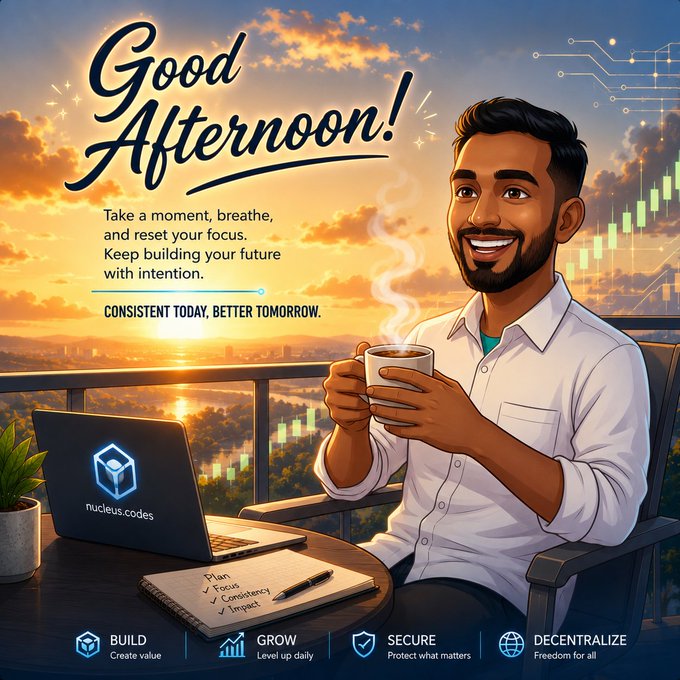 An illustrated 'Good Afternoon!' motivational graphic featuring a smiling man with a coffee mug and laptop, with the text 'Take a moment, breathe, and reset your focus. Keep building your future with intention.' and the branding 'nucleus.codes' along with icons for 'BUILD', 'GROW', 'SECURE', and 'DECENTRALIZE'.
