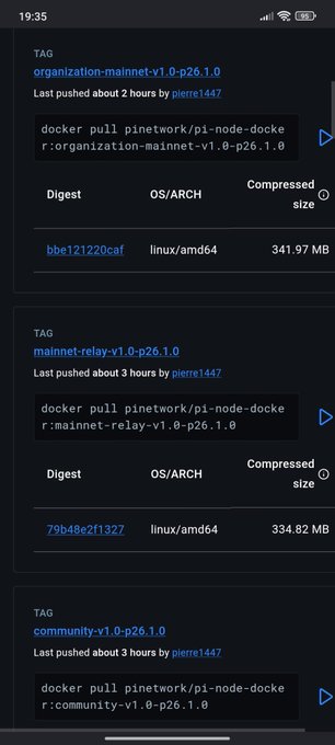 A Docker Hub listing shows Pi Network's "organization-mainnet-v1.0-p26.1.0" and related v1.0-p26.1.0 Docker images (including mainnet-relay and community variants) pushed by user pierre1447 a few hours earlier, indicating that version 26 has now been published in container form as referenced in the post.