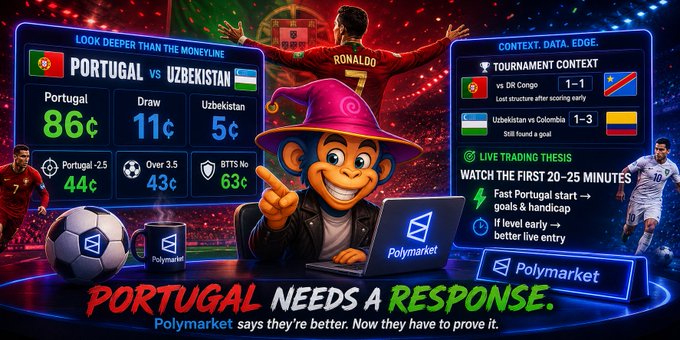 The image features a cartoon monkey sitting at a laptop with a soccer ball nearby. The monkey appears to be using the laptop for research or planning something related to soccer. The background of the image includes a soccer field, which further emphasizes the connection between the monkey's actions and the sport. The post about Portugal needing a response is likely meant to draw attention to this interesting market scenario involving the monkey and the laptop.