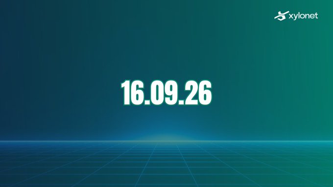 A countdown or date graphic showing '16.09.26' in white text on a dark teal/green background with a retro grid floor, branded with 'xylonet' in the top right.