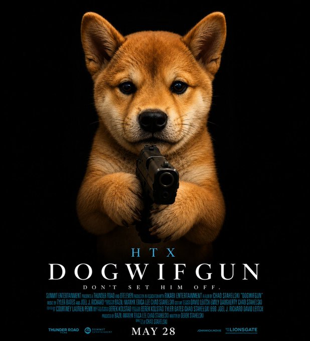 The image features a poster for the movie "Dogwifen". It shows a brown dog holding a gun, with the text "HTX Dogwifen Don't set him off!". The poster also includes a list of actors who have been cast in the film and the release date.