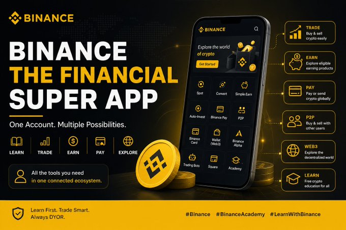 A Binance promotional banner advertising the platform as 'THE FINANCIAL SUPER APP' with features including Trade, Earn, Pay, P2P, Web3, and Learn.