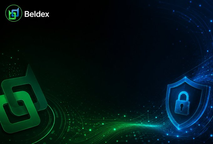 The Beldex logo, a stylized padlock shield, and interconnected green shapes are featured in this graphic, visually representing the security and privacy features of the @BeldexCoin ecosystem.