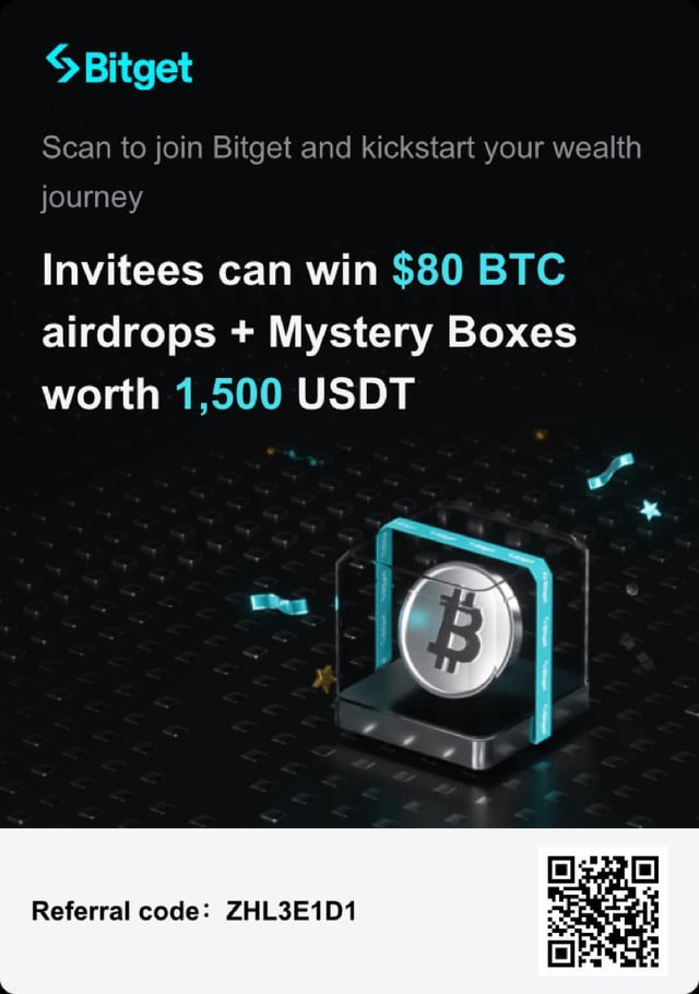 The image shows a signup page from Bitget with an advertisement for a Bitcoin giveaway. It seems that you can win $80 worth of Bitcoins by participating in this challenge. The text indicates that you need to "join Bitget" and "kickstart your wealth". The ad also offers a prize, stating "Invitees can win !" If you participate in the challenge, there's an opportunity to receive some money back, referred to as the "Referal code: ZHL3E1".