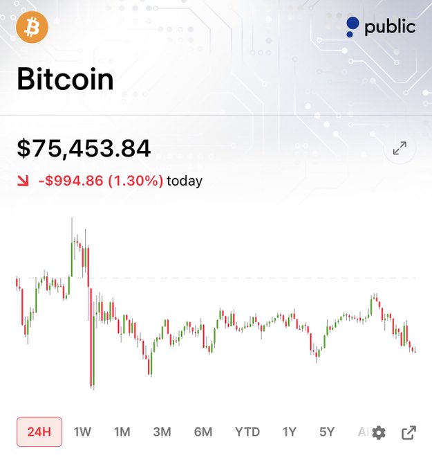 A Public.com mobile screenshot shows Bitcoin ($BTC) trading at $75,453.84, down $994.86 (1.30%) for the day on the 24H chart, with the candlestick pattern showing an early spike followed by a sharp decline and continued downward movement—illustrating the broader crypto sell-off mentioned in the post.