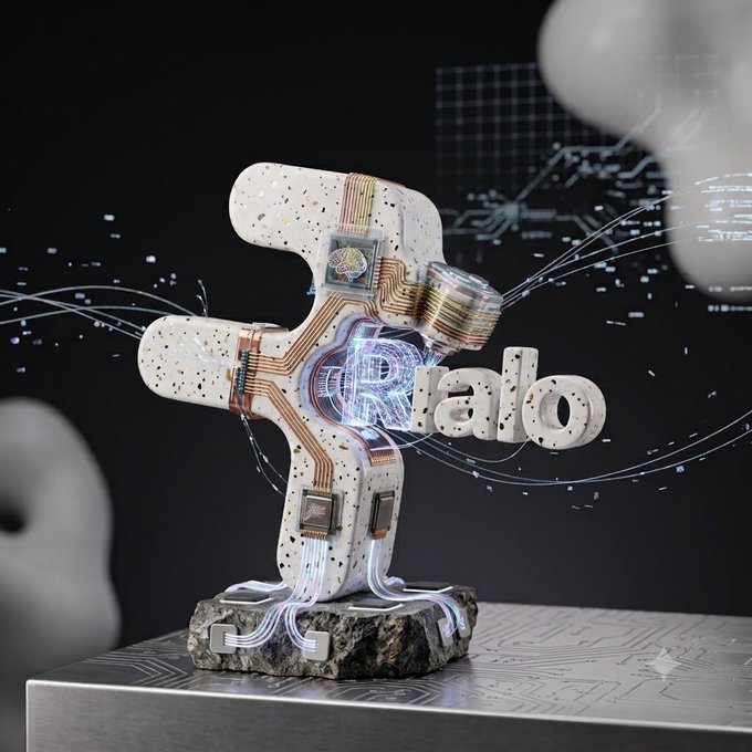 3D digital art featuring a circuit-board 'F' sculpture on a stone base, projecting holographic 'Hello' text with glowing neural network connections.