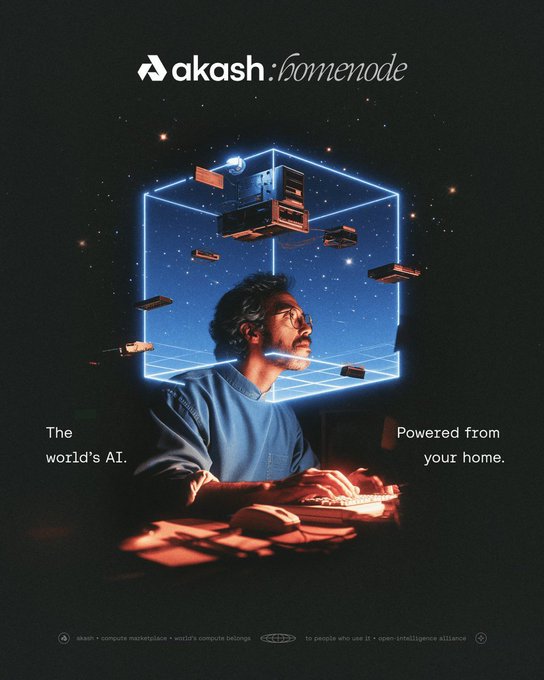 Promotional poster for 'akash.homenode' featuring a man at a keyboard with a glowing blue cube of floating computer hardware above him, reading 'The world's AI. Powered from your home.'
