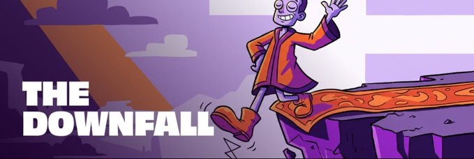 Promotional banner titled 'THE DOWNFALL' featuring an illustration of a character standing on a cliff edge with a cliff face breaking away below them.
