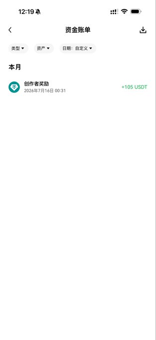 The image shows a Chinese app's transaction history page displaying a single "创作者奖励" (Creator Reward) entry of +105 USDT dated 2026年7月16日 00:31, confirming the post's claim of receiving a $105 reward from the OKX Planet activity.